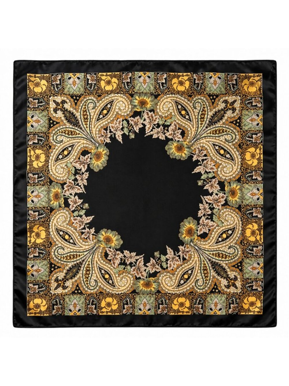 Luxury Paisley Floral Satin Scarf for Women  35” Square Black Gold Sage Green